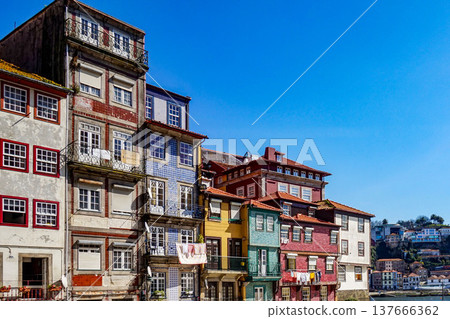 Colorful historic residential streets in the Porto Ribeira district of Portugal. 137666362