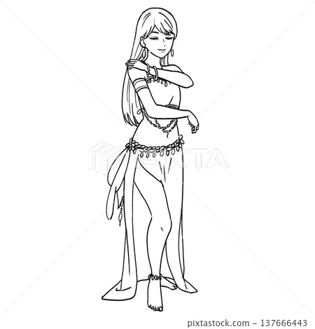 A hand-drawn illustration of a woman standing and performing belly dancing (Oriental dance, traditional costume). A hand-drawn illustration of a woman standing and performing belly dancing (Oriental dance, traditional costume). 137666443