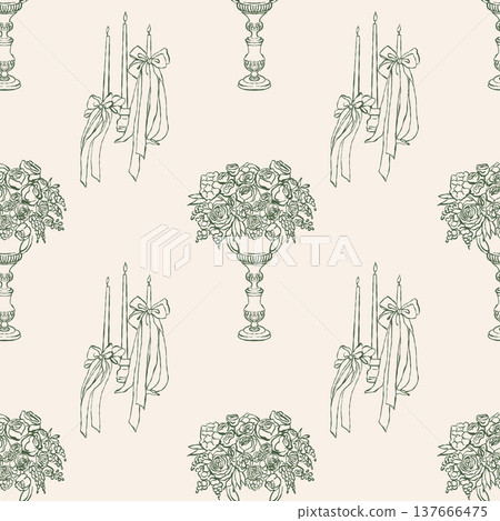 Vintage seamless pattern with candles, bows, and flowers on a beige background. Vector retro background. Outline illustration in Rococo, Baroque, and Victorian styles for weddings, holidays 137666475