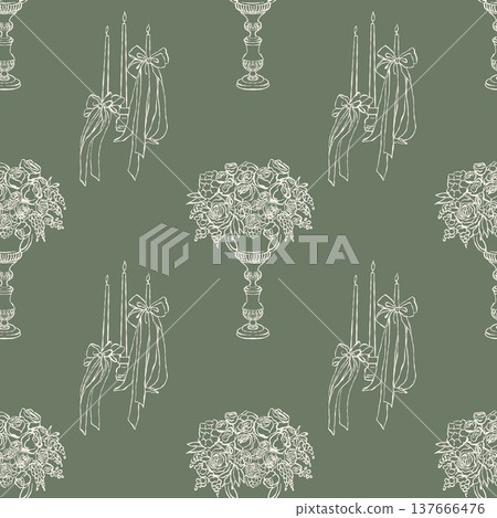 Vintage seamless pattern with candles, bows, and flowers on a green background. Vector retro background. Outline illustration in Rococo, Baroque, and Victorian styles for weddings, holidays 137666476