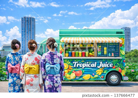 Lotus flowers in the lotus pond at Shinobazu Pond in Ueno, and a food truck, with people in yukata (summer kimonos). 137666477