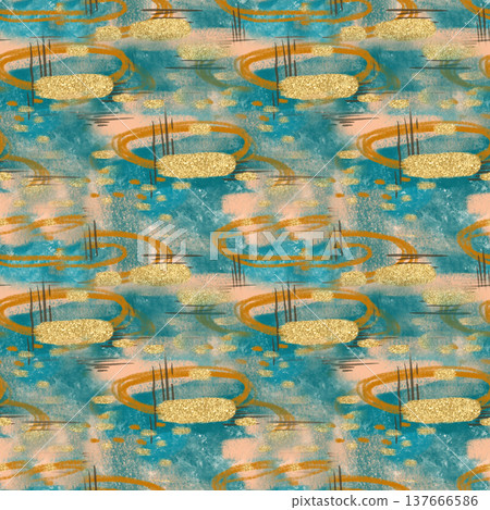 Seamless geometric pattern. Abstract background. Turquoise, gold, beige, ochre. Acrylic, pastel. For printing, prints, products, printed materials, packaging, textiles, wallpaper 137666586