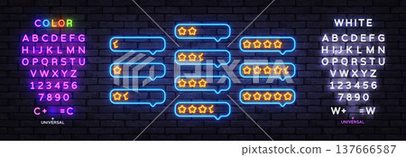 Neon star rating bubbles glowing on dark brick wall background. Bright feedback icons with different score levels create modern review interface style. 137666587