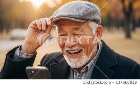 Happy Asian elderly man with white beard wearing flat cap laughing while using smartphone outdoors in golden sunlight Happy Asian elderly man with white beard wearing flat cap laughing while using smartphone outdoors in golden sunlight 137666819