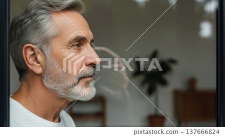 Mature European businessman with gray hair and beard looking thoughtfully out window in modern office interior 137666824