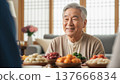 Senior Asian man smiling while enjoying healthy breakfast with fresh fruits and vegetables at modern dining table 137666834