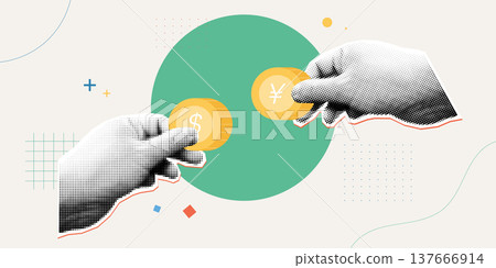 Trendy Halftone Collage style illustration of two hands exchanging dollar and yen gold coins, representing money exchange, currency swap and international finance concept. Trendy Halftone Collage style illustration of two hands exchanging dollar and yen gold coins, representing money exchange, currency swap and international finance concept. 137666914