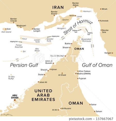 Shipping lanes of the Strait of Hormuz, political map. Sea passage from Persian Gulf to Gulf of Oman into the open ocean. Strategically important choke points for shipping oil and natural gas. Vector Shipping lanes of the Strait of Hormuz, political map. Sea passage from Persian Gulf to Gulf of Oman into the open ocean. Strategically important choke points for shipping oil and natural gas. Vector 137667067