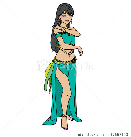 手繪插圖，描繪了一位身穿肚皮舞服裝的女子，擺出站立的舞者姿勢。 137667100