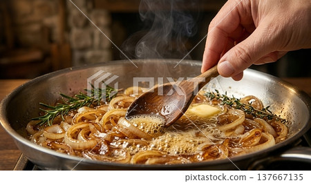 Hand stirring a pan of golden caramelized onions with butter and fresh herbs, capturing the art of slow cooking and rich flavors 137667135