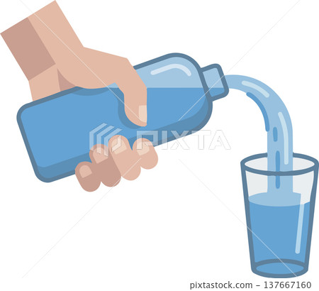 Minimal illustration of a hand pouring fresh water into a glass representing hydration daily water intake healthy lifestyle 137667160