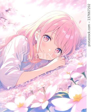 一幅可愛女孩被鮮花環繞的插圖 一幅可愛女孩被鮮花環繞的插圖 137667202