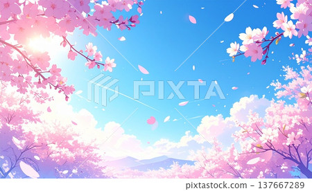 一幅春季背景插圖，描繪了盛開的櫻花在藍天下隨風飄舞的景象。 137667289