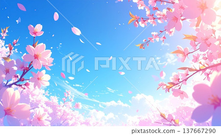 一幅春季背景插圖,描繪了盛開的櫻花在藍天下隨風飄舞的景象。 一幅春季背景插圖,描繪了盛開的櫻花在藍天下隨風飄舞的景象。 137667290