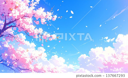 一幅春季背景插圖,描繪了盛開的櫻花在藍天下隨風飄舞的景象。 一幅春季背景插圖,描繪了盛開的櫻花在藍天下隨風飄舞的景象。 137667293