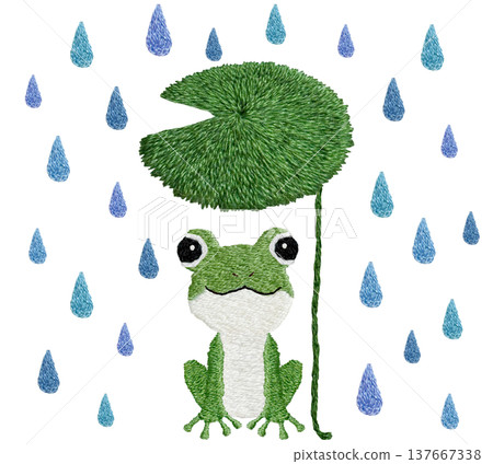 [Frog, leaf umbrella, and raindrop] Hand-embroidered illustration material 137667338