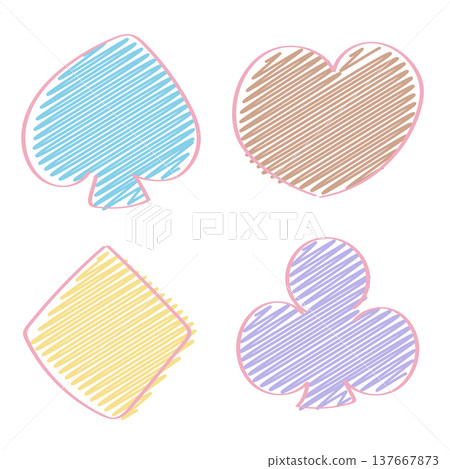A set of playing card suits in a light-colored sketchbook | Heart, Club, Diamond, and Spade motifs A set of playing card suits in a light-colored sketchbook | Heart, Club, Diamond, and Spade motifs 137667873