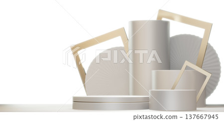 Chinese white and gold podium design on white background design. 3D rendering Chinese white and gold podium design on white background design. 3D rendering 137667945