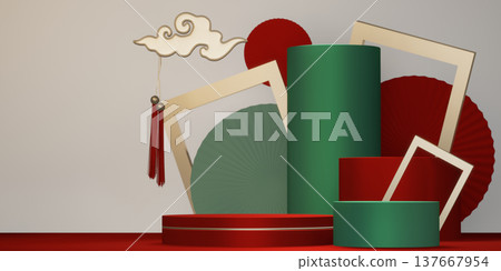 China red and green concept Podium with decoration minimal geometric design.3D rendering China red and green concept Podium with decoration minimal geometric design.3D rendering 137667954