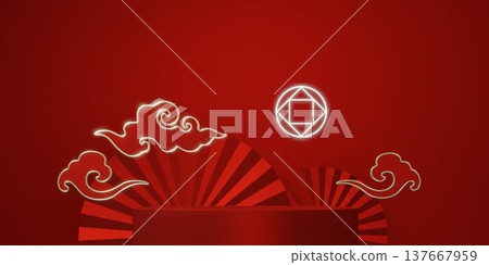 Chinese red concept Podium with decoration minimal geometric design.3D rendering Chinese red concept Podium with decoration minimal geometric design.3D rendering 137667959