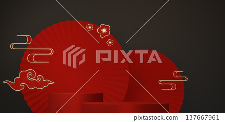 Chinese red concept Podium with decoration minimal geometric design.3D rendering Chinese red concept Podium with decoration minimal geometric design.3D rendering 137667961