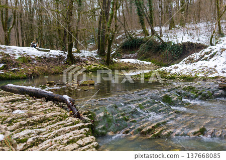 Winter landscape with a small river and a fallen tree in the foreground Winter landscape with a small river and a fallen tree in the foreground 137668085