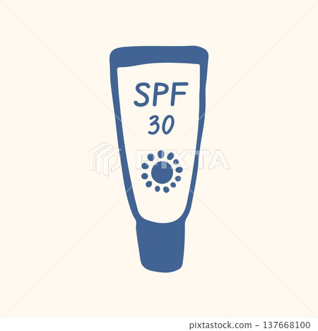 Sunscreen tube icon with sun symbol and SPF text in flat style. Simple sun protection cosmetic illustration isolated on light background for skincare, summer and travel design. Sunscreen tube icon with sun symbol and SPF text in flat style. Simple sun protection cosmetic illustration isolated on light background for skincare, summer and travel design. 137668100