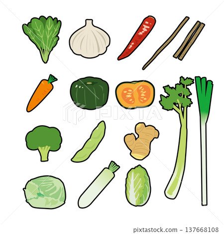 各種蔬菜和食材的簡圖。 137668108