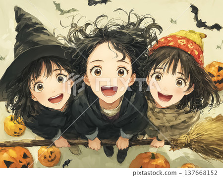 Three smiling child witches flying through the sky | A cute fantasy image for Halloween Three smiling child witches flying through the sky | A cute fantasy image for Halloween 137668152