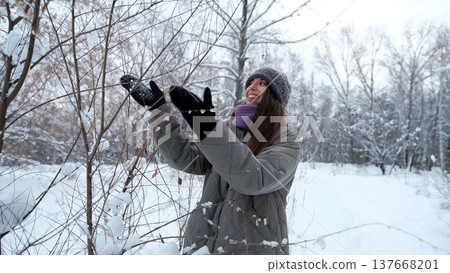 A beautiful young woman in winter clothes is happily spending her free time in a snowy forest. She enjoys the first snow. Active winter recreation. A beautiful young woman in winter clothes is happily spending her free time in a snowy forest. She enjoys the first snow. Active winter recreation. 137668201