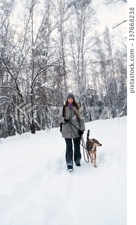 A young woman relaxes during a walk in a winter forest with her dog. A young woman relaxes during a walk in a winter forest with her dog. 137668238
