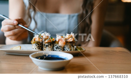 A beautiful girl eats Japanese sushi rolls with chopsticks, smiling with pleasure A beautiful girl eats Japanese sushi rolls with chopsticks, smiling with pleasure 137668310