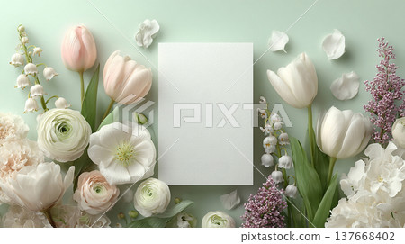 Spring flowers and blank card mockup on pastel background 137668402