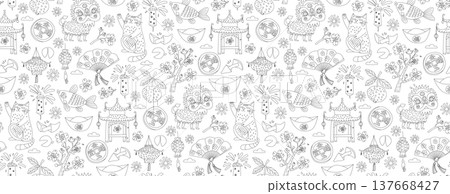 Chinese New Year Doodle Seamless Pattern, Lucky Cat, Dragon, Lanterns and Sakura Vector illustration 137668427