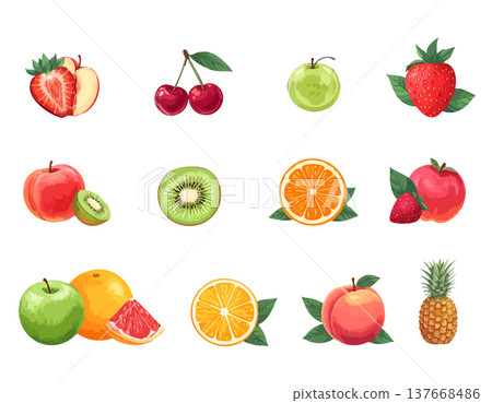 一系列柔和的手繪風格水果插圖和設計。 137668486