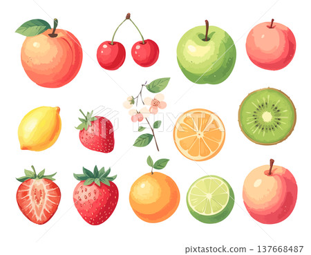 一系列柔和的手繪風格水果插圖和設計。 137668487