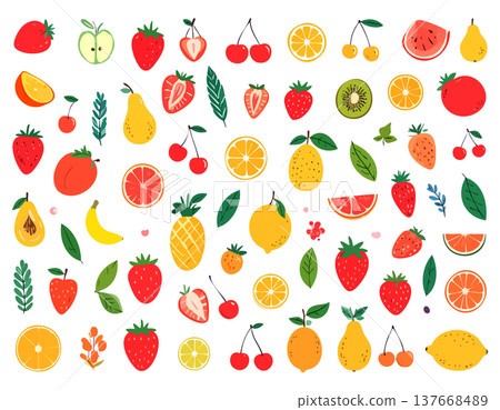 一系列柔和的手繪風格水果插圖和設計。 137668489