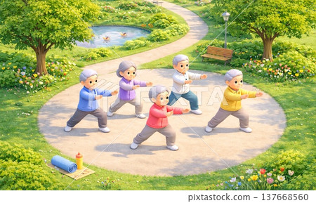 A healthy morning routine for seniors enjoying exercises in the park. A healthy morning routine for seniors enjoying exercises in the park. 137668560