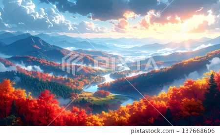 秋色絢麗的山脈與潺潺流水交相輝映，構成了一幅壯麗的秋日全景圖。 137668606