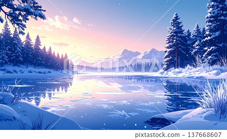 一幅寧靜的冬日景象徐徐展開，群山倒映在白雪皚皚的湖面上，黎明的曙光照亮了天空。 137668607
