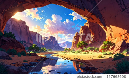 一幅壯麗的動畫風景，描繪了山谷和藍天延伸至岩石拱門之外的景象。 137668608