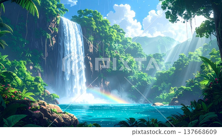 一幅奇幻的動畫風景，光線穿過熱帶叢林，還有瀑布和彩虹。 137668609