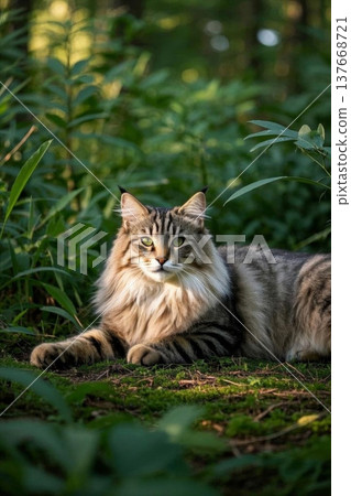 森林中休憩的长毛猫 137668721