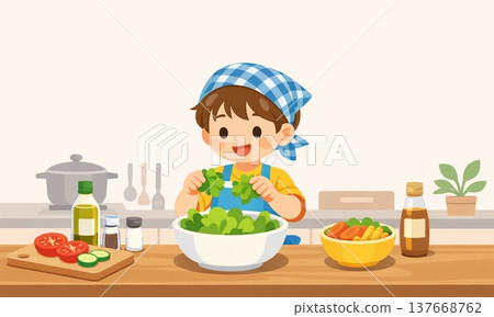 A scene of children helping out and enjoying cooking in the kitchen. 137668762