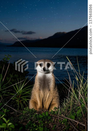 夜晚水边站立的猫鼬 137668866