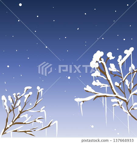 Illustration background 3: A snowy winter night sky with snow-covered tree branches. Illustration background 3: A snowy winter night sky with snow-covered tree branches. 137668933