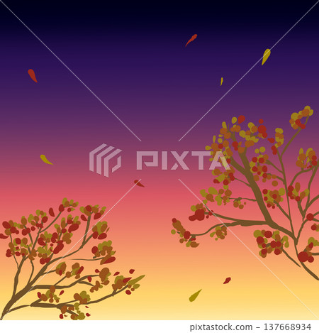 秋日風景插畫背景，夕陽下墜葉飄零。 137668934