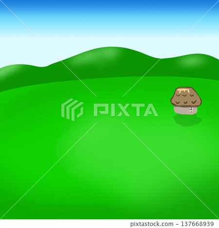 Background illustration of a grassland, blue sky, green hills, and a wooden cabin. Background illustration of a grassland, blue sky, green hills, and a wooden cabin. 137668939