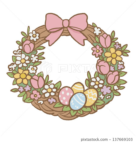 Spring floral wreath with bow pastel Easter eggs and flowers cottagecore Easter wreath illustration cute spring decoration clipart for invitations cards Spring floral wreath with bow pastel Easter eggs and flowers cottagecore Easter wreath illustration cute spring decoration clipart for invitations cards 137669103