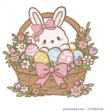 Cute bunny sitting in Easter basket with pastel eggs flowers and bow kawaii Easter bunny illustration cottagecore spring decoration clipart Cute bunny sitting in Easter basket with pastel eggs flowers and bow kawaii Easter bunny illustration cottagecore spring decoration clipart 137669104
